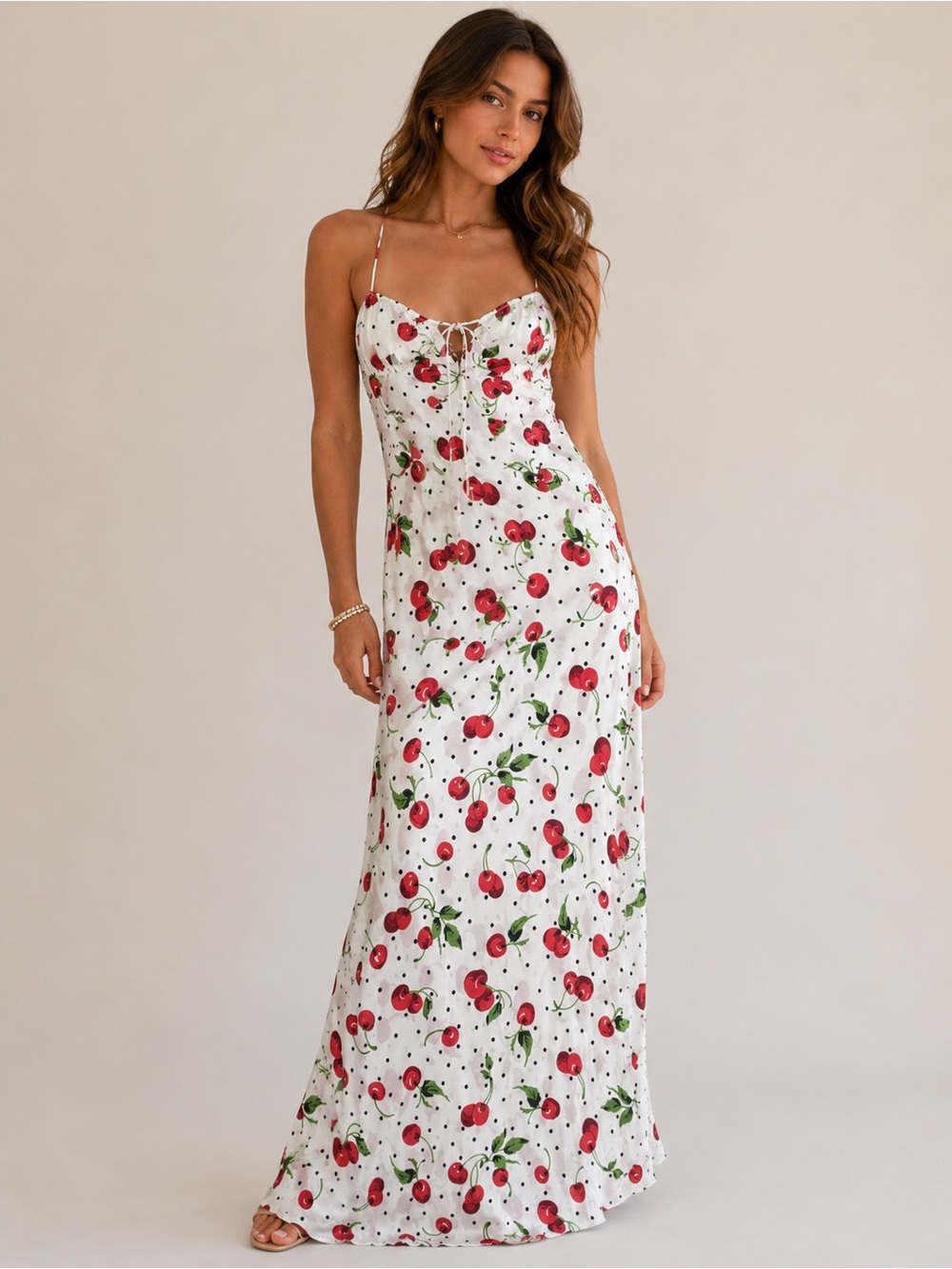Leslie Amon Paris Cherry Print Satin Maxi Slip Dress XS